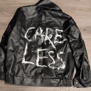 Black Painted Faux Leather Jacket - 'Care Less' Back Graphic